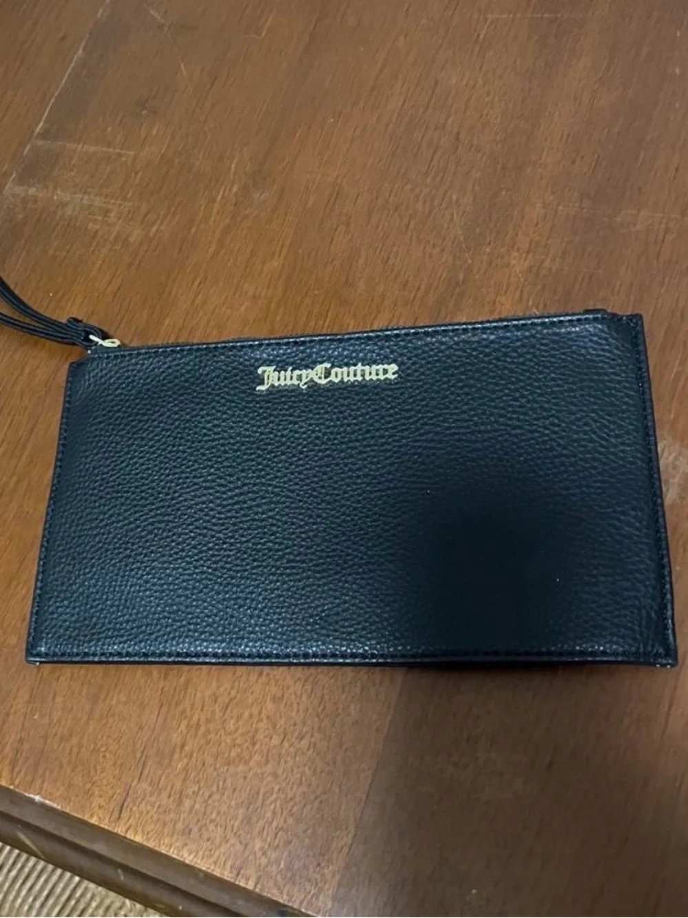Juicy Couture Black Pebbled Leather Wristlet Pouch with Gold Logo